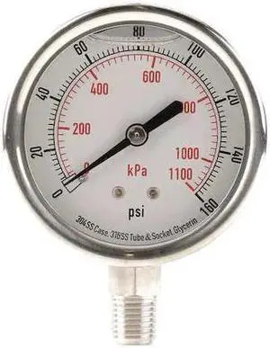 ZORO SELECT 4CFH5 Commercial Pressure Gauge, 0 to 160 psi, 2 1/2 in Dial, 1/4