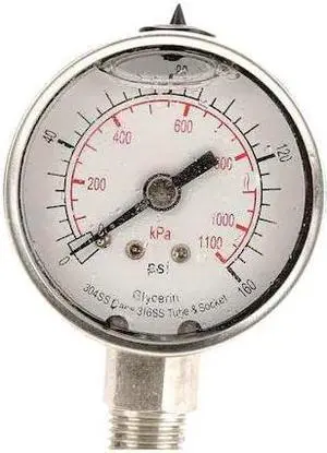 ZORO SELECT 4CFF9 Commercial Pressure Gauge, 0 to 160 psi, 2 in Dial, 1/4 in