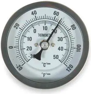 ZORO SELECT 1NGE4 Bimetal Thermom, 5 In Dial, -20 to 120F, Stem Length: 4 in