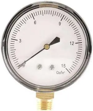 ZORO SELECT 18C777 Low Pressure Gauge, 0 to 15 psi, 2 1/2 in Dial, 1/4 in NPT,
