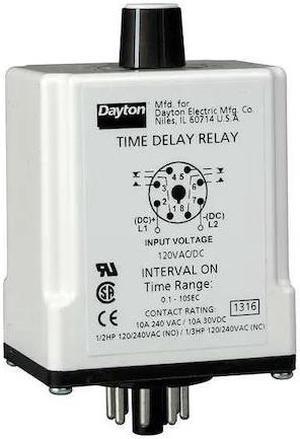 DAYTON 24EN69 Time Delay Relay,24VAC/DC,10A,DPDT