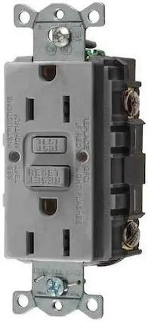 HUBBELL WIRING DEVICE-KELLEMS GFR15GRY GFCI Receptacle, 15A, 125VAC, 5-15R, Gray