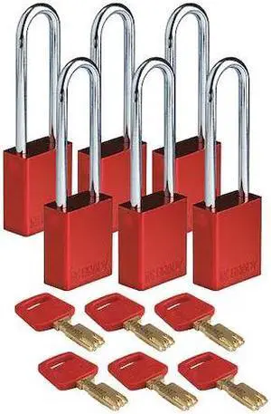 BRADY ALU-RED-76ST-KD6PK Lockout Padlock,Red,1-13/16" H Body,PK6