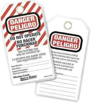 MASTER LOCK 497AX Danger Bilingual Tag, Danger, Polyester, 3 1/8 in Width, 5