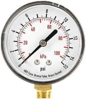 ZORO SELECT 4FLV6 Commercial Pressure Gauge, 0 to 15 psi, 2 1/2 in Dial, 1/4 in
