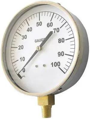 ZORO SELECT 18C749 Industrial Pressure Gauge, 0 to 100 psi, 4 1/2 in Dial, 1/4