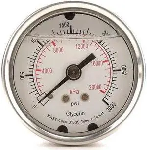 ZORO SELECT 4CFP9 Commercial Pressure Gauge, 0 to 3,000 psi, 2 in Dial, 1/4 in