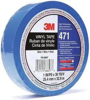 3M 471 Floor Marking Tape, vinyl, No Legend, Blue, 1 in W., 5.2 mil Thickness