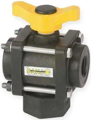 BANJO V075BL 3/4" FNPT Polypropylene Ball Valve 3-Way, Body Style: Inline