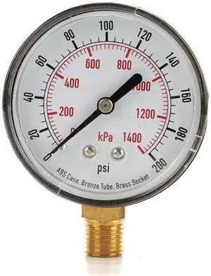 ZORO SELECT 4FLW2 Commercial Pressure Gauge, 0 to 200 psi, 2 1/2 in Dial, 1/4