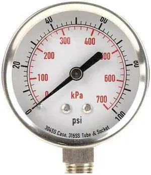 ZORO SELECT 4FMN3 Commercial Pressure Gauge, 0 to 100 psi, 2 1/2 in Dial, 1/4