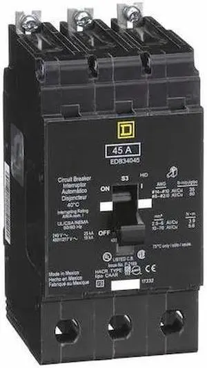 SQUARE D EDB34045 Miniature Circuit Breaker, E FRAME Series, 45A, 3 Pole,