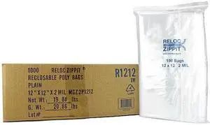 RELOC ZIPPIT R1212 Reclosable Bag, 12in.L, FDA, 2 mil, PK1000