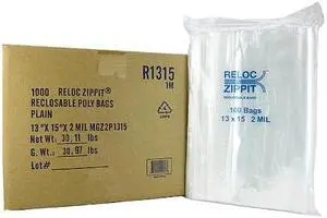 RELOC ZIPPIT R1315 Reclosable Bag, Zip Seal, 15 in L, 13 in W, 2 mil Thick,