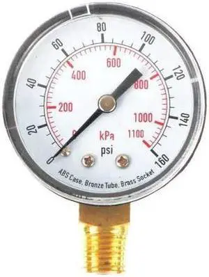 ZORO SELECT 4FLU2 Pressure Gauge, Commercial, 0 to 160 psi, 2 in Dial, 1/4 in
