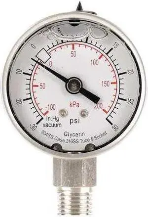 ZORO SELECT 4CFF5 Commercial Compound Gauge, 30 to 0 to 30 psi, 2 in Dial, 1/4