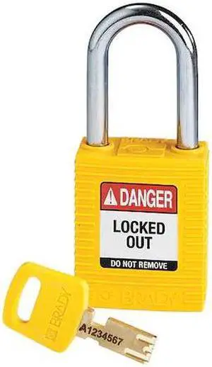 BRADY NYL-YLW-38ST-KD Lockout Padlock, Keyed Different, Nylon, Yellow, 1 1/2 in