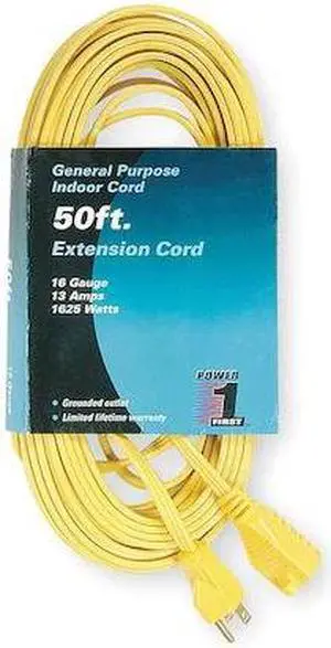 ZORO SELECT 1FD59 SPT-2 Indoor Extension Cord, 16 AWG 1 Outlet, 5-15R, Yellow,