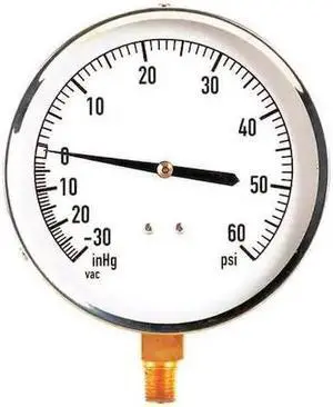 ZORO SELECT 18C742 Industrial Compound Gauge, 30 to 0 to 60 psi, 4 1/2 in Dial,