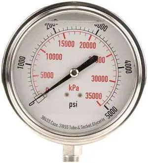 ZORO SELECT 4CFK9 Commercial Pressure Gauge, 0 to 5,000 psi, 3 1/2 in Dial, 1/4