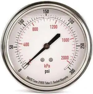 ZORO SELECT 4CFV5 Pressure Gauge,Liquid Filled,3-1/2 In