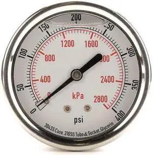ZORO SELECT 4CFU1 Commercial Pressure Gauge, 0 to 400 psi, 2 1/2 in Dial, 1/4
