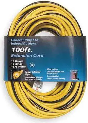 ZORO SELECT 1FD57 SJTW Extension Cord, 12 AWG, Outdoor, 12/3, 1 Outlets, 5-15R,