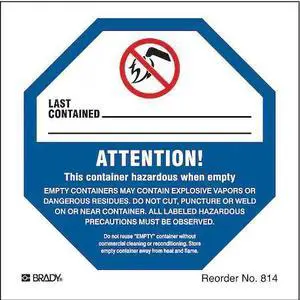 BRADY 814LS Empty Drum Warning Label,4 In. H,PK100
