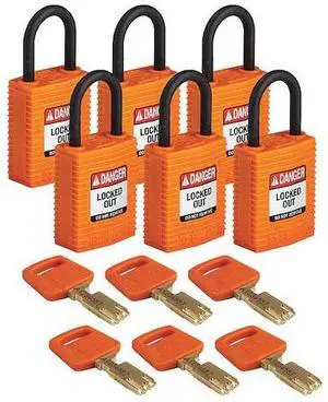 BRADY CPT-ORG-25PL-KD6PK Lockout Padlock,Nylon,1-21/32" H,Org,PK6