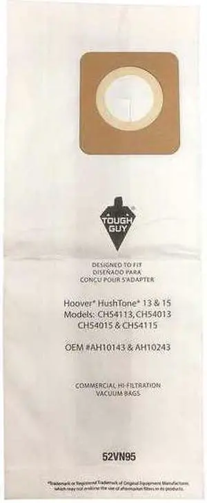 TOUGH GUY 52VN95 Vacuum Bag, 2-ply, Paper Bag, 10 PK