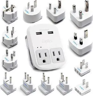 Ceptics International Plug Adapter Kit, World Safest Grounded 13 Adaptor Set Dual USB Ports - Travel Anywhere - Business Use - Perfect for Laptops, Cell Phones, Chargers - Surge Protection