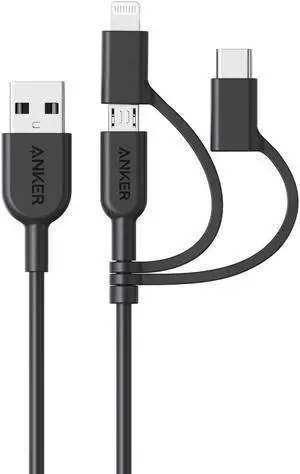Powerline II 3-in-1 Cable Lightning/Type C/Micro USB Cable for iPhone iPad  HTC LG  Galaxy Sony Xperia Android Smartphones iPad Pro 2018 and More(3ft Black)