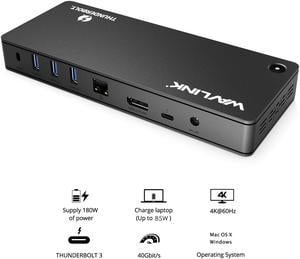 WAVLINK Thunderbolt 3 Docking Station with 85W Power Delivery, Dual 4K Display, 5K Single Video Display Port Replicator, Thunderbolt 3, DisplayPort, SD Card Reader, Gigabit Ethernet, 4 USB 3.0 Ports
