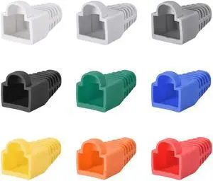 RJ45 Boots Cover Anti Dust Protector for Network Cable Cat5 Cat5E Cat6 9in1 Set 6mm Hole Dia Red Blue Yellow Black White Plastic 100Pcs