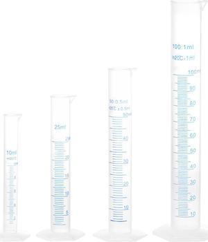 Plastic Graduated Cylinder, 10ml 25ml 50ml 100ml Measuring Cylinder, Double-Sided Metric Marking, Clear Hex Base, 4 in 1 Set