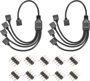 RGB LED Light Connector 4 Pin 1 to 4 Female Splitter Cable 300mm Length Black 2Pcs with 10Pcs Male 4 Pin Plugs