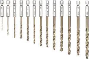 13 Pcs HSS Hex Shank Twist Drill Bit Set, Quick Change Titanium Coated 1/4 Inch Hex Shank 1.5mm-6.5mm Drilling Dia
