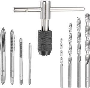 Adjustable T-Handle Tap Wrench Set, M3 M4 M5 M6 Hand Thread Taps & 2.5mm 3.5mm 4.2mm 5.2mm Twist Drill Bits, High Speed Steel Threading Tool for Metal Aluminum Plastic Wood, 9pcs