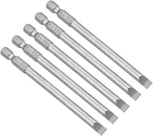 5Pcs 1/4" Hex Shank 100mm Length Magnetic SL6 Slot Head Screwdriver Bits S2 Alloy Steel