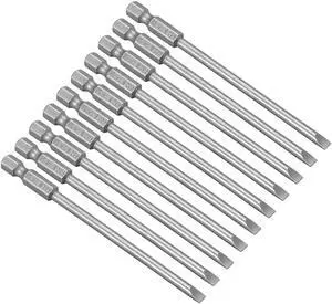 10Pcs 1/4" Hex Shank 100mm Length Magnetic SL4 Slot Head Screwdriver Bits S2 Alloy Steel