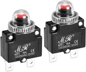 Thermal Circuit Breakers 18A 125/250V AC 32V DC Push Button Reset Overload Protector Switch with Waterproof Cap 2 Pcs