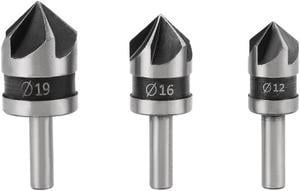 Countersink Drill Bit Set 12mm 16mm 19mm Dia Round Shank 90 Degree 5 Flute Chamfer Tool for Woodworking Carbon Steel 3pcs