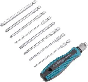 Magnetic Screwdriver 5 in 1 Slotted Phillips Head 1/4inch Hex Shank Screwdrive Bits Set W Round Shaft Non Slip Comfortable Handle
