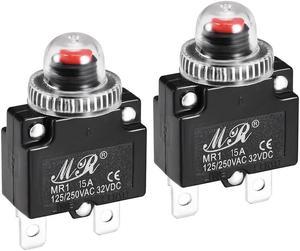 Thermal Circuit Breakers 15A 125/250V AC 32V DC Push Button Reset Overload Protector Switch with Waterproof Cap 2 Pcs