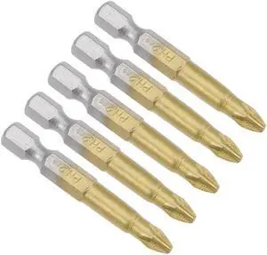 Phillips Bits 5pcs 1/4-Inch Hex Shank Magnetic Cross Screwdriver Bit 50mm Length PH2 Titanium Plating S2 Non-Slip Screwdriver Bit