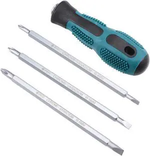 Magnetic Screwdriver 4 in 1 Dual Way Slotted Phillips Head 1/4inch Hex Shank Screwdrive Bits Set W Round Shaft Non Slip Comfortable Handle