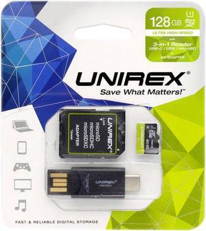 Unirex MTC128M 128GB MicroSD with USB Reader & SD Adapter