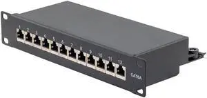 NavePoint 10 Inch Wide 12-Port CAT6A STP Patch Panel, 1U, Black