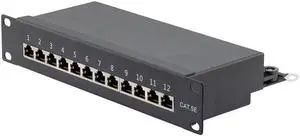 NavePoint 10 Inch Wide 12-Port CAT5E STP Patch Panel, 1U, Black