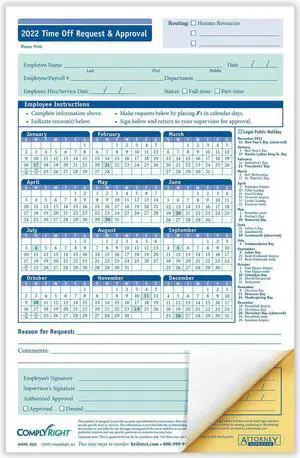 ComplyRight 2025 Time Off Request and Approval Form, 5-1/2" x 8-1/2", 2-Part (Pack of 50)